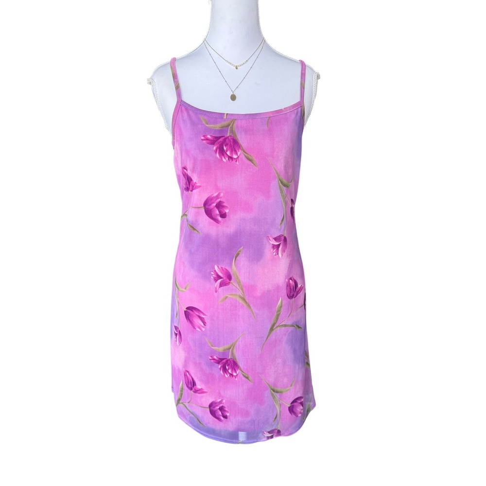 Y2K G.A.S. Floral Mesh Mini Dress Purple Pink Whimsy Cottage Vintage 2000s M